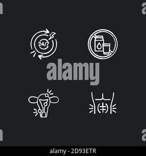 Digestive disorders chalk white icons set on black background Stock Vector