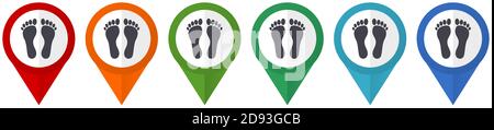 Foot vector pointers, set of colorful flat design icons isolated on white background Stock Vector
