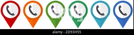 Phone, call, contact vector pointers, set of colorful flat design icons isolated on white background Stock Vector