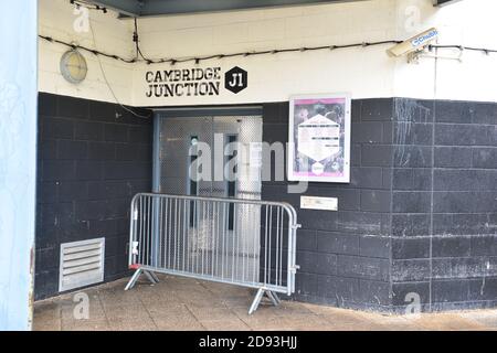 Cambridge UK, England , 02-11-2020 Night club commercial unit Using metal railing as part security to prenet access whilst no operating Stock Photo