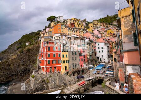 Classic and Postcard Perfect View - Colorful Traditional Houses - Riomaggiore, Cinque Terre, Italy Stock Photo