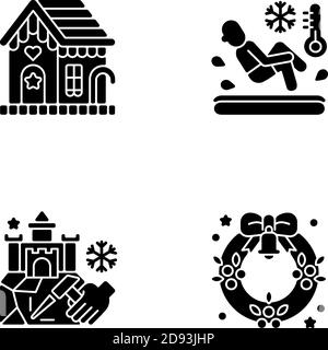 Winter season traditions black glyph icons set on white space Stock Vector