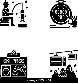 Winter seasonal activity black glyph icons set on white space Stock Vector