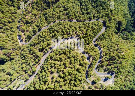 Europe, Spain, Canary Islands, La Palma, Unesco Biosphere site, aerial view of a winding mountain road Stock Photo