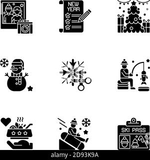 Festive holiday black glyph icons set on white space Stock Vector