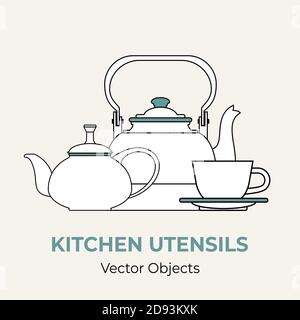 Beverage coffee tea set concept vector isolated. Kettle tea cup saucer teapot simple form line illustration logo icon Stock Vector