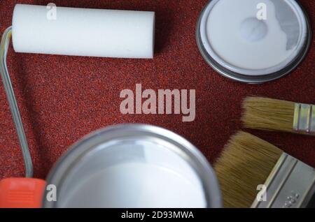 Demonstration of the painted surface with a waterproof paint by cushion and brush Stock Photo
