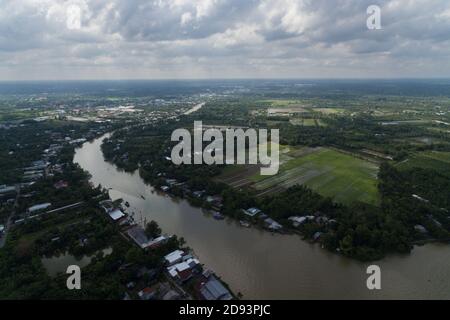 Can Tho fourth-largest city in Vietnam, largest city in the Mekong river Delta in Asia Aerial drone photo view Stock Photo