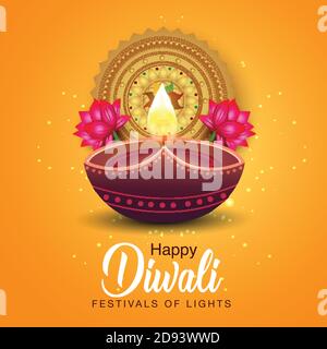 happy diwali greetings. diya decoration with Rangoli design. vector illustration Stock Vector