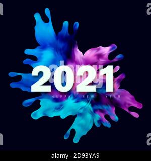 Happy New Year. Number of 2021 with colorful abstract twisted paint stroke shape Stock Vector