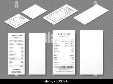 Cash receipt, paper bill, purchase invoice, supermarket shopping retail sum check and total cost store sale payment, empty and filled blank isolated on transparent background. Realistic 3d vector set Stock Vector