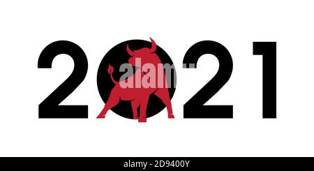 2021 numbers with a red bull silhouette, symbol of the year in the Chinese zodiac calendar. Vector illustration of a standing horned ox or an angus is Stock Vector
