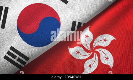 South Korea and Hong Kong two flags textile cloth, fabric texture Stock Photo