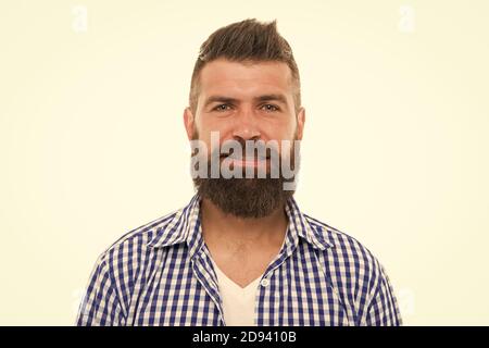 his warm smile. getting haircut by hairdresser. Hipster client visiting barber shop. male beauty portrait. well-groomed bearded man. smiling mature man. Male barber care. Making haircut look perfect. Stock Photo