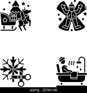 Winter holiday entertainment black glyph icons set on white space Stock Vector