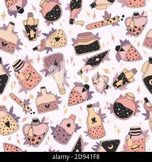 Seamless pattern with colorful magic cartoon bottles and love potions with stars. Vector illustration. Magic elixir hand drawn pattern design. Stock Vector