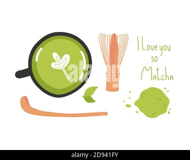 Matcha tea set vector illustration.  Stock Vector