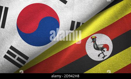 South Korea and Uganda two flags textile cloth, fabric texture Stock Photo