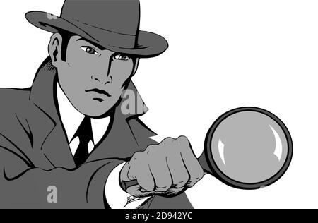 Male detective investigating with a magnifying glass. Looking for evidence. Dressed in a retro raincoat and hat. Place for text. Vector monochrome ill Stock Vector