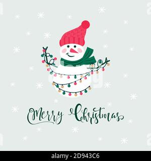 Merry Christmas cute greeting card with snowman and snowflakes for happy new year presents. Scandinavian style of posters for invitation, children roo Stock Vector