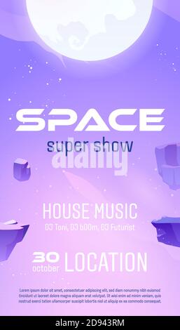 Club party flyer to space music show. Vector template of futuristic design poster of night club concert with techno, house, trance or electronic music. Banner with cartoon cosmic illustration Stock Vector