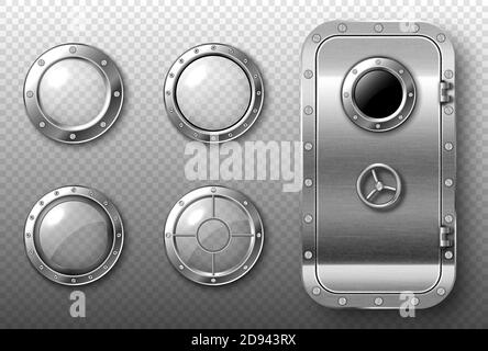 Portholes and metal door in spaceship, submarine, lab or bunker. Vector realistic set of round glass windows with steel frame and rivets and safe door isolated on transparent background Stock Vector
