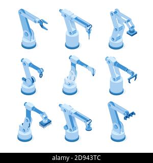 Robotic arms, machine hands on factory or plant. Industrial mechanic equipment, automatic manipulators on manufacturing production line. Vector isometric set of hydraulic robot arms Stock Vector