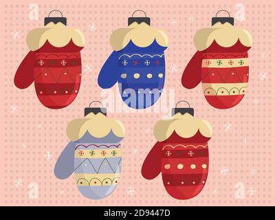 Set of vintage christmas balls mitten. Colorful isolated icons. Stock Vector