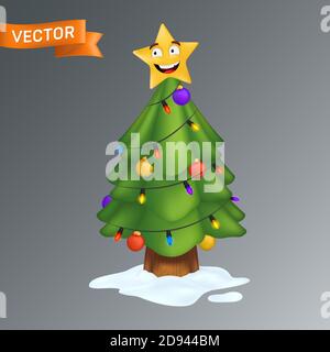 Christmas Tree decorated with a smiling yellow star, colorful light bulbs on a garland and decoration balls. Vector illustration of an evergreen pine Stock Vector