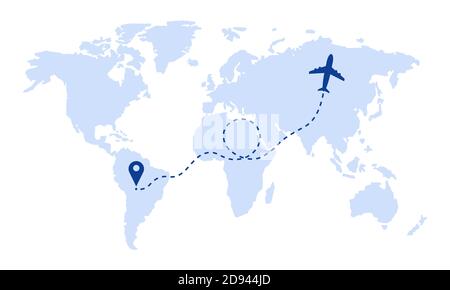 Airplane travel route with start point concept on world map. Stock Vector