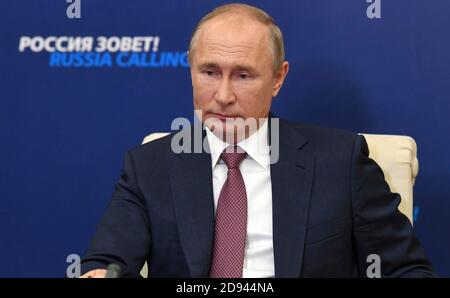 Russian President Vladimir Putin during a video conference of the 12th VTB Capital Russia Calling! Investment Forum with VTB Head Andrei Kostin from the official residence at Novo-Ogaryovo October 29, 2020 outside Moscow, Stock Photo