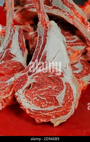 american angus beef rib eye, displayed in butchers shop Stock Photo