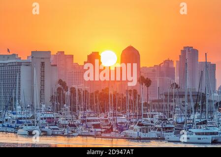 San Diego Harbor and San Diego Skyline at sunrise. San Diego, CA, USA. This view is from Spanish Landing Park. Stock Photo