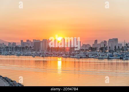 San Diego Harbor and San Diego Skyline at sunrise. San Diego, CA, USA. This view is from Spanish Landing Park. Stock Photo