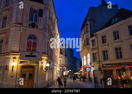 Night view of historic buildings in Tallinn Town Hall Square, Estonia Stock Photo