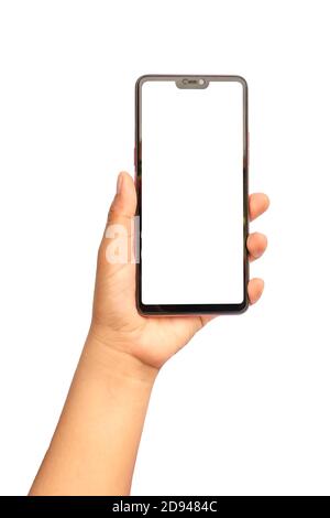 The hand is holding the white screen, the mobile phone is isolated on a white background with the clipping path. Stock Photo