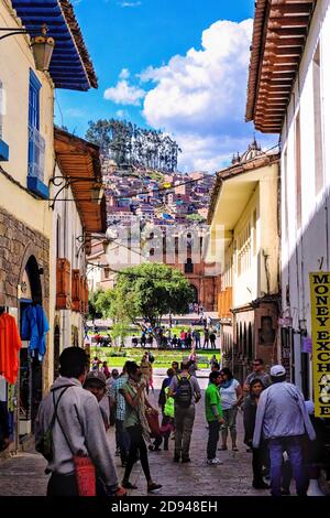 Cobblestone side street leading to the Plaza De Armas in Cusco Stock Photo