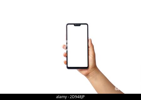 Man hand holding a black smartphone with a blank screen isolated on white background, clipping path. Stock Photo