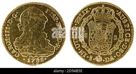 Macro shot of an ancient Spanish gold coin of King Carlos III Stock Photo