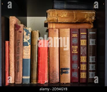 Russian hard cover books in a bookshelf. Stock Photo