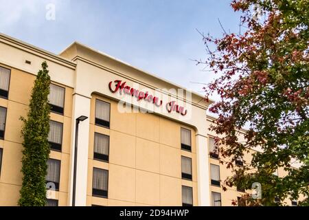 An exterior view of Hilton's Hampton Inn hotel. Stock Photo