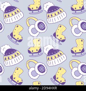 Earmuffs and skates on purple backdrop. Christmas seamless pattern for wallpaper, wrap paper, sleeper, bath tile, apparel or bed linen. Phone case or Stock Vector