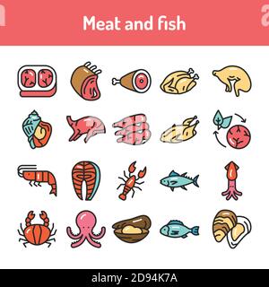 Meat and fish color line icons set. Isolated vector element. Outline pictograms for web page, mobile app Stock Vector
