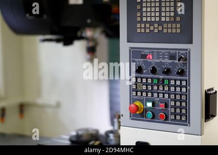 Control panel of CNC milling machining center. Selective focus. Stock Photo