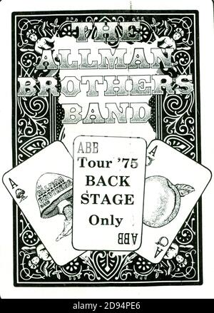 Allman Brothers Band backstage pass. This was from their November 18, 1975 concert at the Milwaukee Arena in Milwaukee, Wisconsin, USA. Through much of the 1970s, most music bands and performers did not print their own passes, but rather, where ever they played, they depended on the local show promoter to provide passes and security.  To see my other Music-related vintage images, Search:  Prestor vintage music Stock Photo