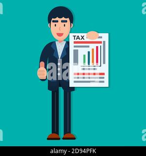businessman holding tax form for tax day concept vector illustration Stock Vector