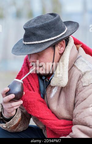 Cowboy drinking mate tea, Torres del Paine National Park, Patagonia, Chile, South America Stock Photo