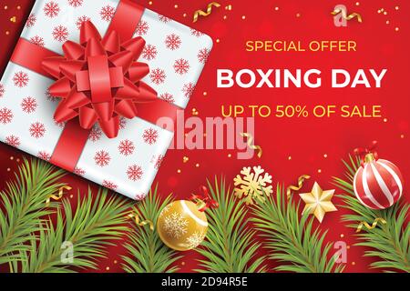 Realistic boxing day sale background,Top view on gift boxes and christmas balls. Stock Vector