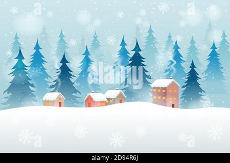 Winter christmas landscape with house and trees. Stock Vector