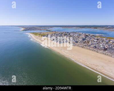 Hampton Beach aerial view including historic waterfront buildings on Ocean Boulevard and Hampton Beach State Park, Town of Hampton, New Hampshire NH, Stock Photo